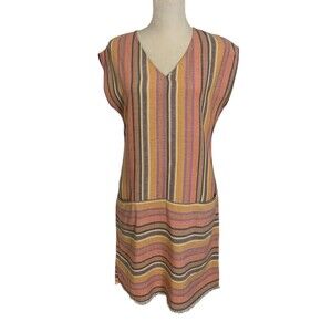 Anthropologie Drew Striped Agave Ainslie Shift Dress Size Small Frayed Hem Linen
